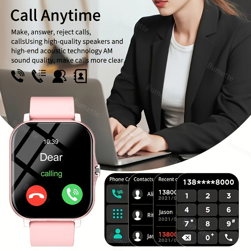 Wireless smartwatch with sports modes, call reminders, message notifications, app alerts, customizable wallpaper, and compatibility with iPhone and Android.