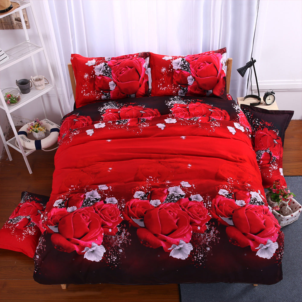 Romantic Couple Bronzing Marble Rose Red Duvet Cover Set with 3-piece Rose Bouquet Bedding. Includes 1 Duvet Cover and 2 Pillowcases (Pillow Core not included).