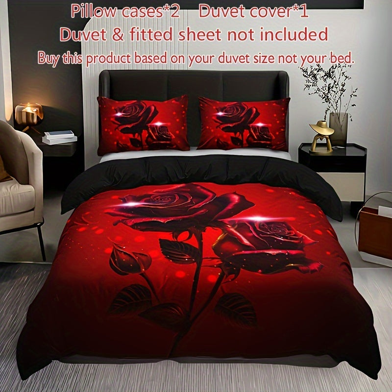 Red Rose Print Duvet Cover Set - Includes 1 Duvet Cover & 2 Pillowcases, Made from Breathable Polyester, Easy to Clean in the Washing Machine - Ideal for Use All Year Round