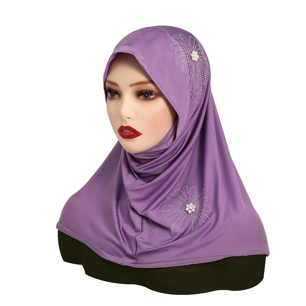 Women's Solid Color Elastic Polyester Hijab with Rhinestone and Pearl accents, full coverage chin cap, easy wear instant scarf for casual use, 100% polyester woven fabric with decorative