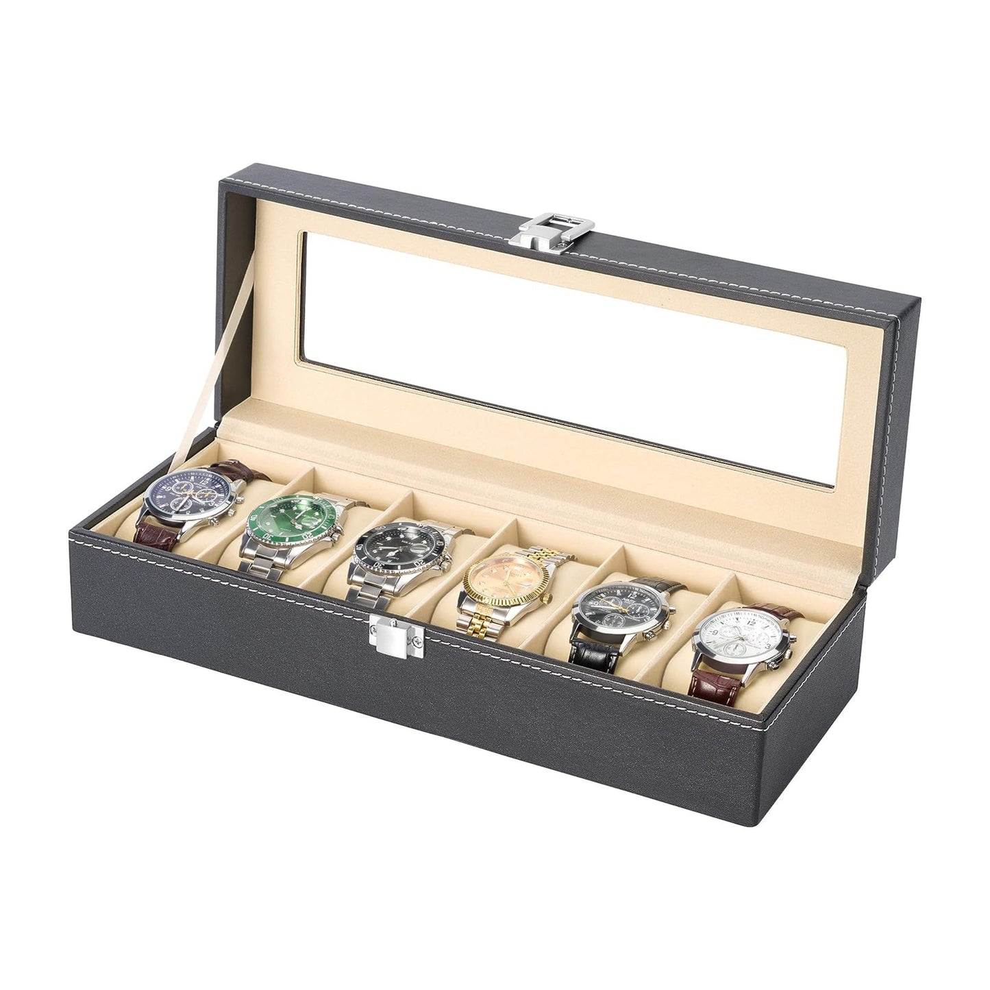 PU Leather Watch Box Display Case with Glass Top, Organize 1, 2, 6, 12, or 24 Watches