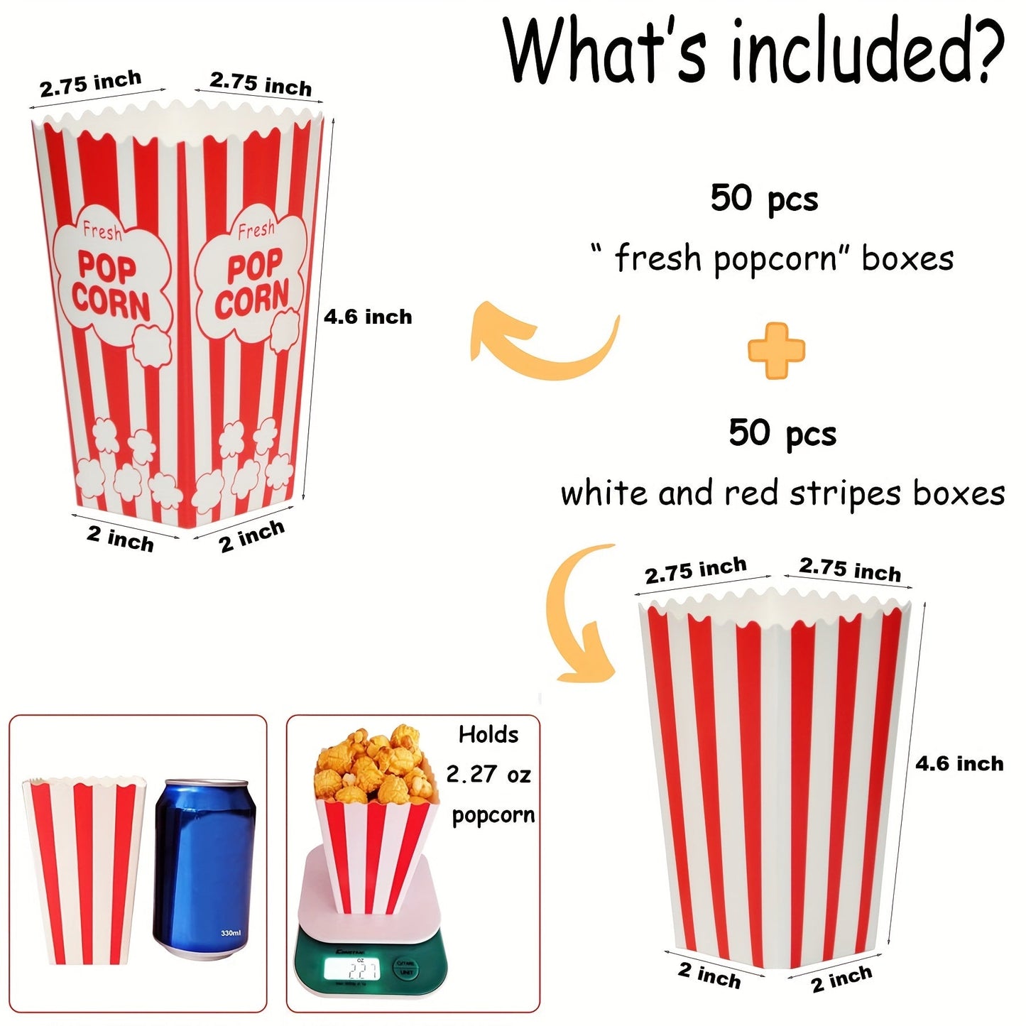 100 Disposable Red and White Popcorn Boxes - 2.27oz, Ideal for Movie Theaters, Home Use, or Carnival Parties - 250gsm Quality