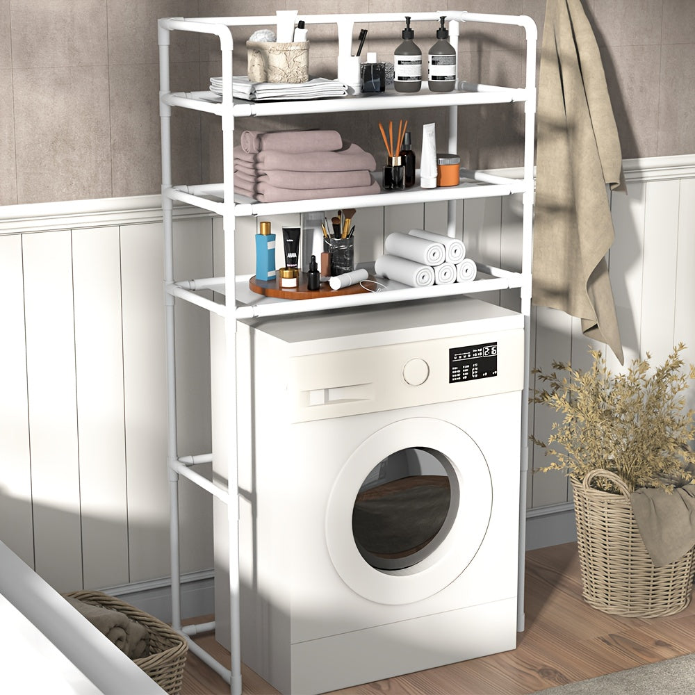 Space-saving metal and plastic laundry shelf designed for the top of washing machines. No-drill installation required. Can also be used as a free-standing bathroom or balcony organizer. Perfect for drying clothes without the need for electricity. Keep