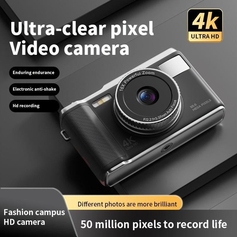 Compact digital camera with 4K resolution, 16X automatic zoom, LED flash, 7.11cm FHD screen, and 32GB SD card, ideal for teenagers and students.