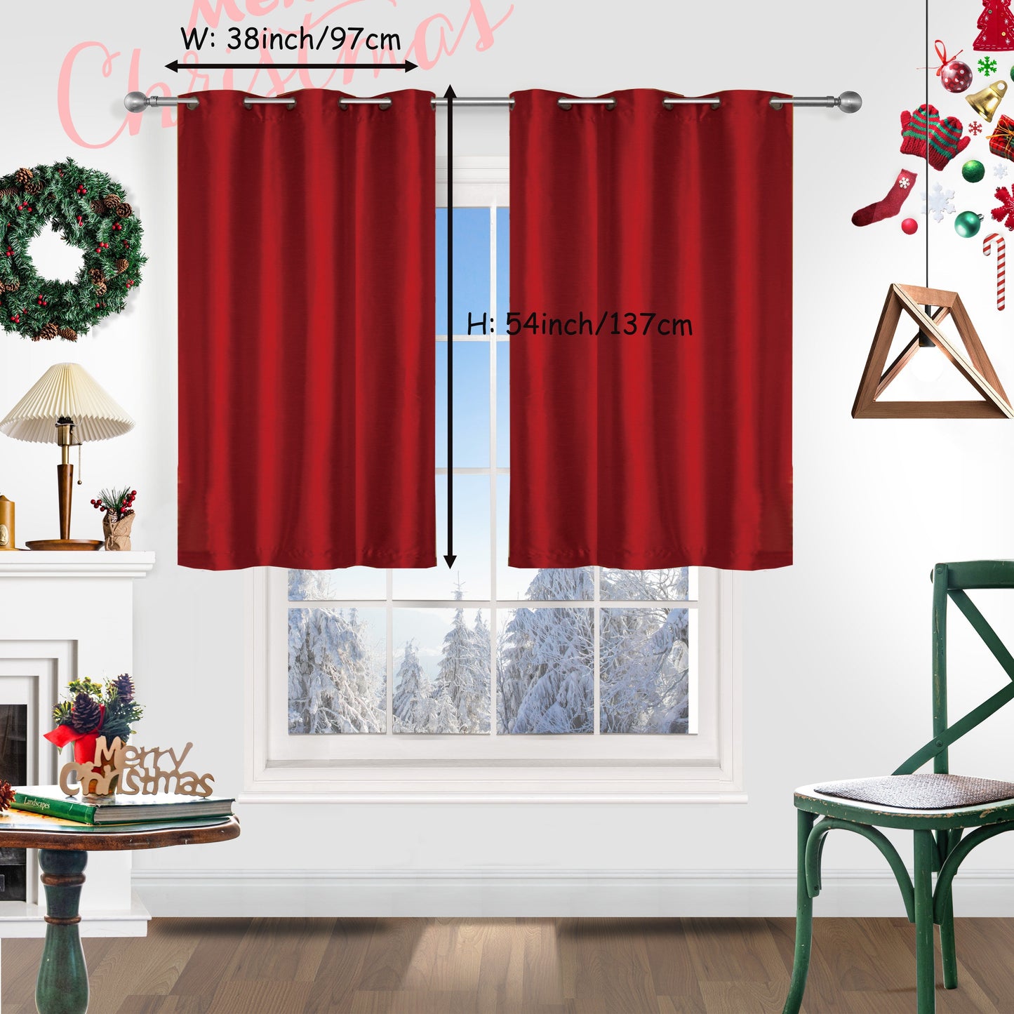 Add a festive touch to your space with 2 pieces of red Christmas curtains. These curtains are made of faux silk with a grommet top design, providing both style and functionality. Perfect for living rooms, bedrooms, offices, kitchens, and studies, these