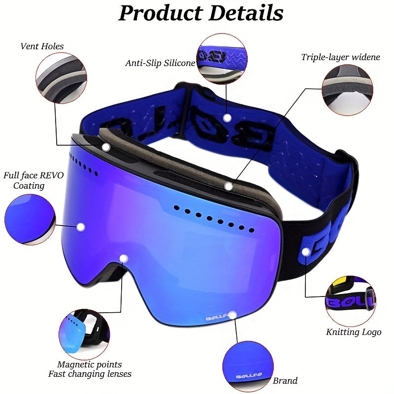 BOLLFO Anti-Fog Ski Goggles for Adults with Magnetic Double Layer Lens, Durable Frame, and Multiple Color Options.