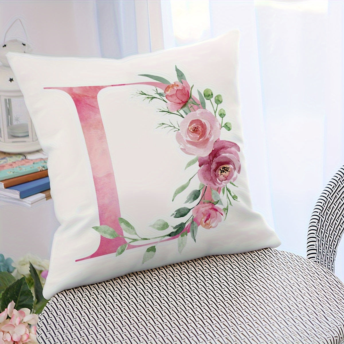 18x18 inch Alphabet Floral Pillow Cover featuring A to Z English Letters in pink print. Ideal for adding a contemporary touch to sofa, living room, or bedroom decor. Single-sided printing, insert not included.