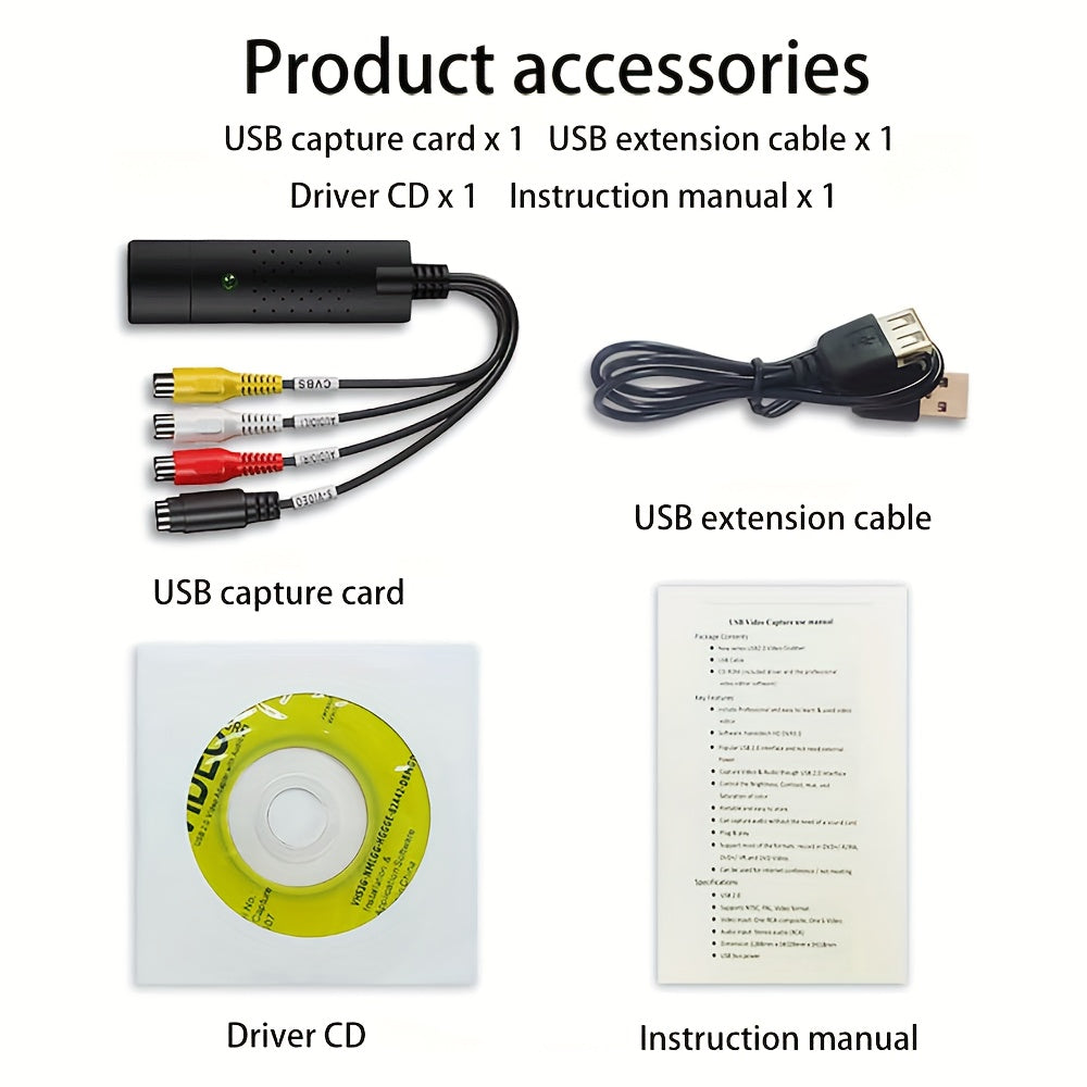 VHS to USB Video Digitizer Stick – Easy Analog Video & Music Converter, Plug & Play, Windows/Mac Compatible, Ideal for VCR, DVD, Camcorder, Hi8 Formats.