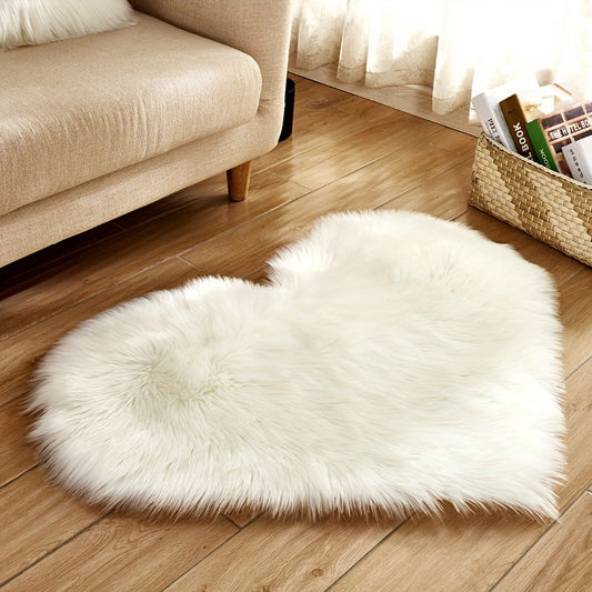 Heart-Shaped Faux Fur Area Rug, Soft Plush Acrylic Blend, Non-Slip, Hand Washable, Cozy Mat for Bedroom or Living Room