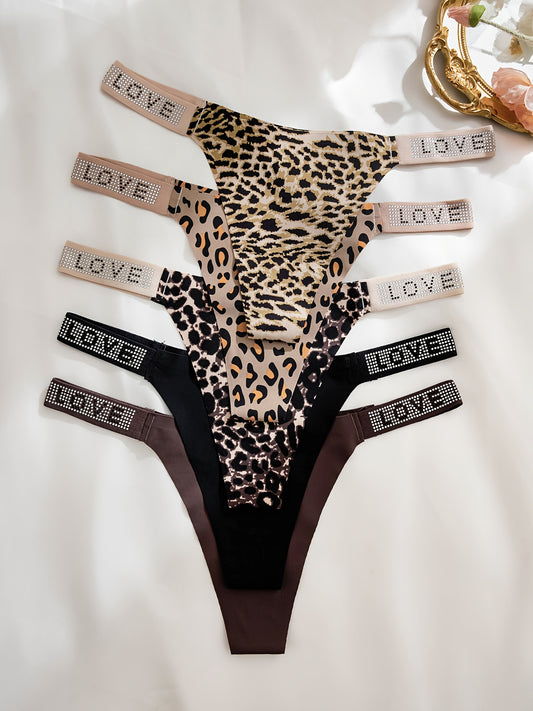 5pcs Rhinestone Leopard Tape Low Waist Thongs: Comfy and Stretchy Women's Intimates