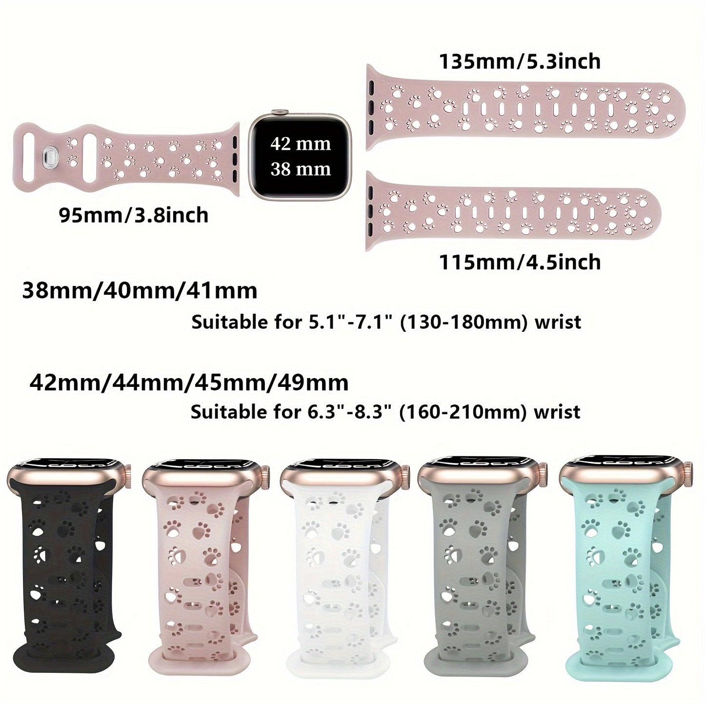 Silicone animal paw print watch band compatible with Apple Watch series 1-9, SE, Ultra, Ultra 2, S10, water-resistant, soft, breathable, casual style, includes buckle.