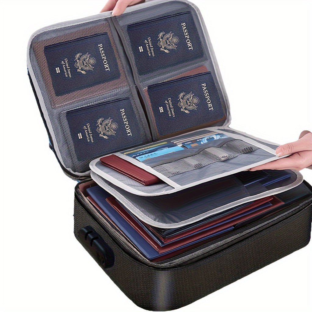 Fireproof and waterproof document organizer with combination lock, oxford cloth portable briefcase for secure storage of laptops, passports, certificates, and other important documents.