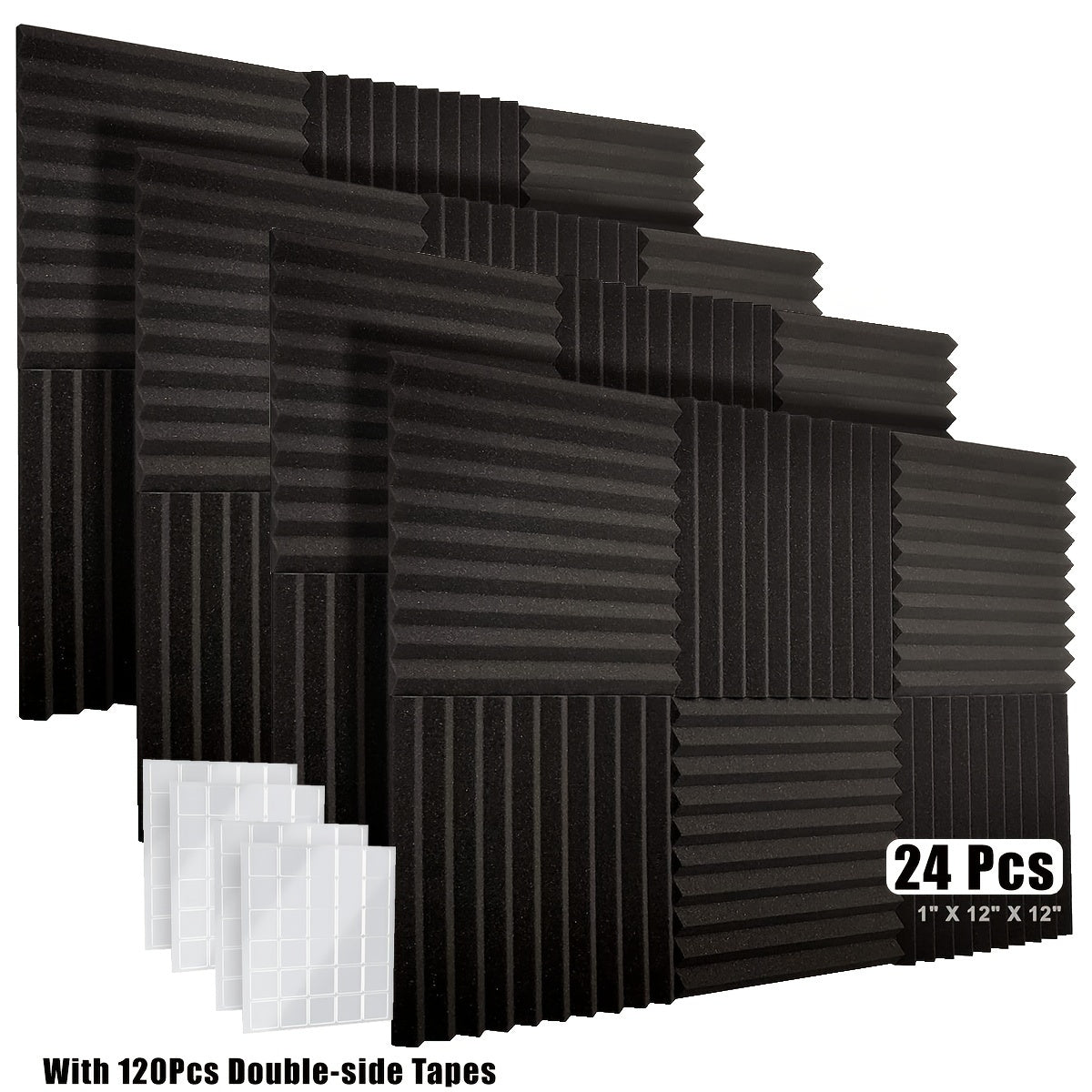 Acoustic foam panels in varying quantities and sizes, with double-sided adhesive for soundproofing, in black, for recording equipment accessories and noise reduction.