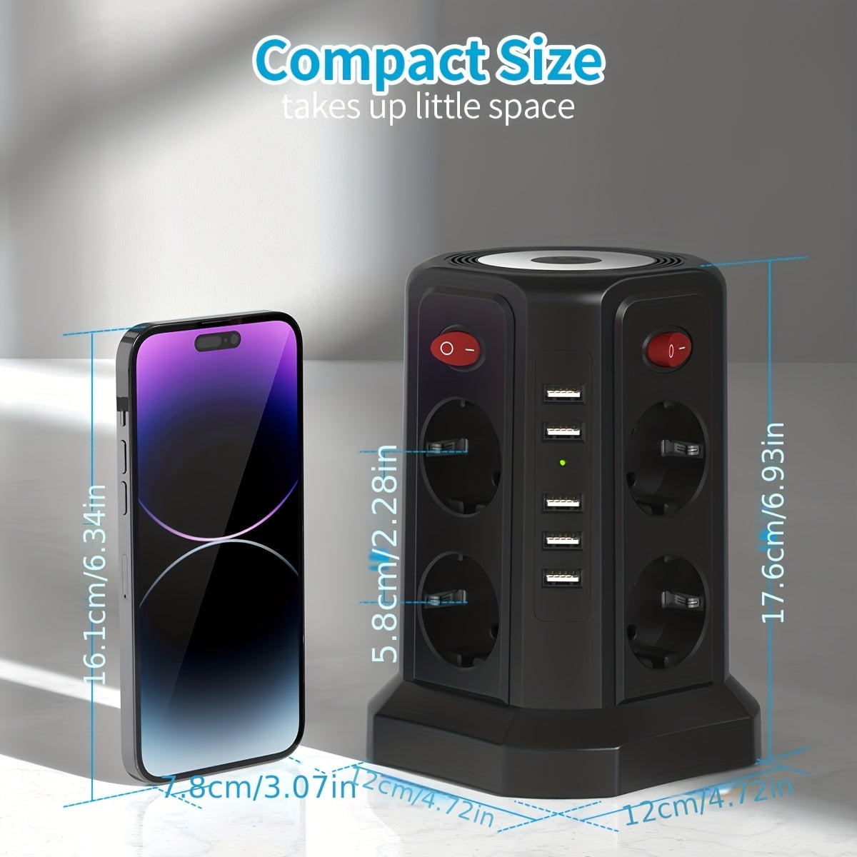 Multi-socket power outlet with 5 USB-A ports, 8 sockets, 4 independent switches, and 3 meters extension cable for home and office use.