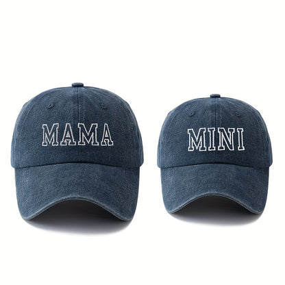 Set of 2 stylish baseball caps with high-quality embroidered letters "MAMA" and "MINI", curved brim design for outdoor activities, sun protection, and lightweight hip-hop style.