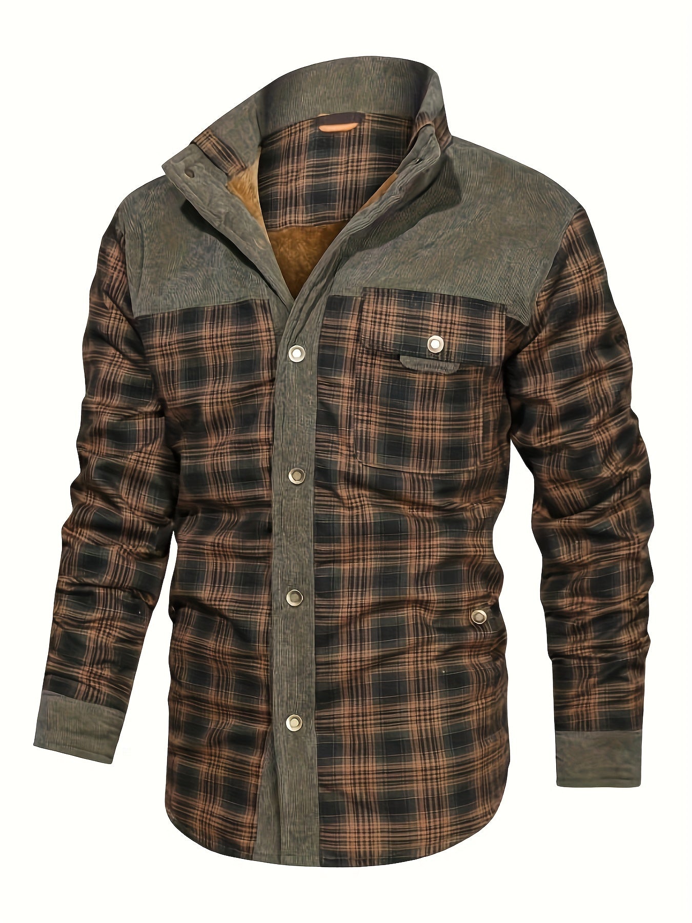 Men's Plaid Fleece-Lined Jacket - Button-Up Shacket, Fall/Winter Long Sleeves, Brown & Gray