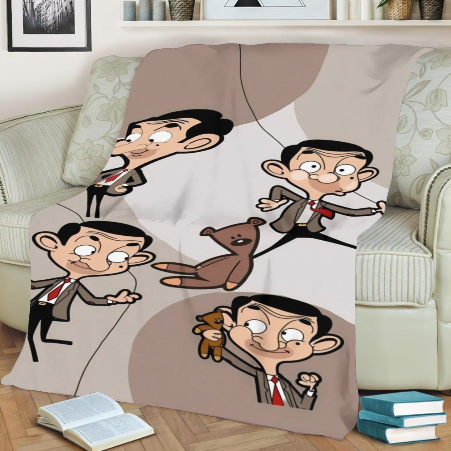 Soft Flannel Throw Blanket featuring Mr. Bean & Friends - Perfect for All Seasons, Durable and Reversible - Great for Sofa, Office, Bed, Camping, and Travel - Adorable Cartoon Design in Various Colors, Easy to Clean in the Washing Machine