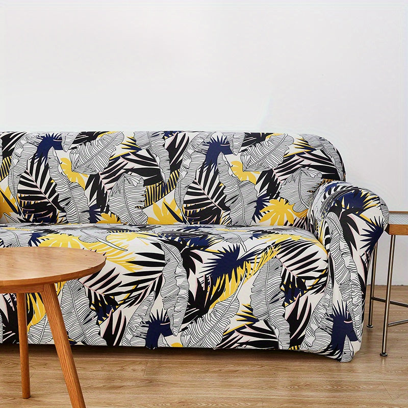 Modern printed sofa slipcover with elastic closure, made of 95% polyester and 5% spandex. Machine washable with active printing and stitched craftsmanship. Fits armchairs to sectional sofas, weighing 100-120gsm fabric.