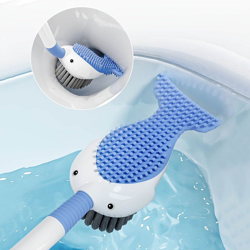 Whale-Shaped Toilet Brush Set with Holder, Suction Cup Base, and Self-Dispensing Cleaning Solution - Features Silicone Bristles, Press-Type Liquid Release, and Reusable Plastic Handle. Suitable for Bathroom, Toilet, Kitchen, and Patio Use with No Power