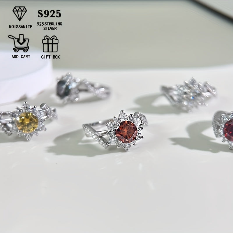 This Sunflower Ring in S925 Sterling Silver is adorned with a stunning 1Ct Colored Moissanite. It is low allergic and exudes an elegant, bohemian style that is perfect for both daily wear and weddings. Presented in a Moissanite gift box, this ring is