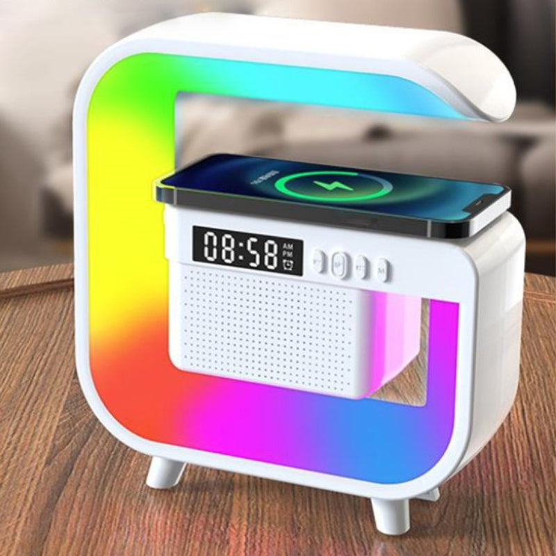 Multifunctional wireless music station with atmosphere light, alarm clock, 24-hour time display, wireless charging, TF card MP3 playback for use in home bedroom.