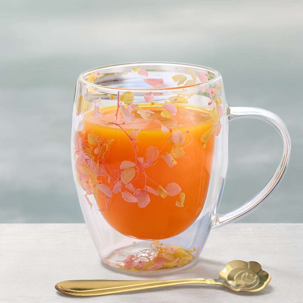 Set of 2 Floral Double-Wall Glass Mugs with Spoons, 11.83 oz Each, Non-Toxic and Durable, Hand Wash Recommended, Suitable for a Variety of Hot Beverages, Great for Home Entertaining and Gift-Giving on Special Occasions like Christmas, Thanksgiving