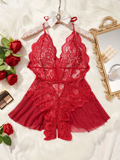 Solid red lace teddy with open crotch, halter backless design - women's sexy lingerie.