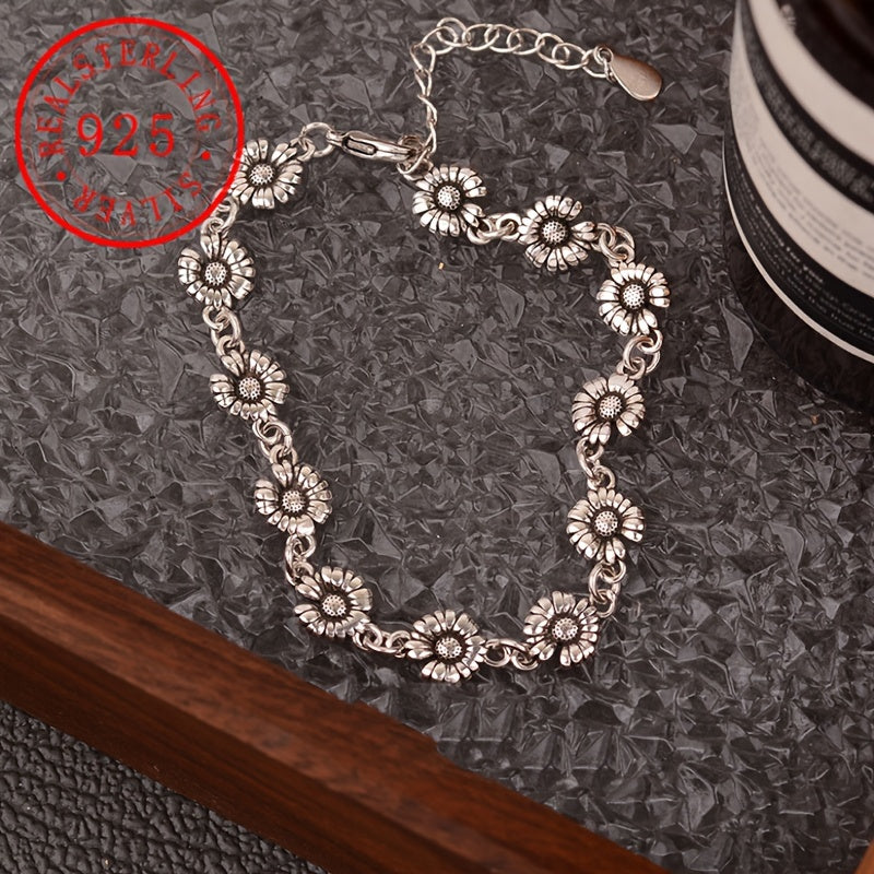 Luxurious Vintage Sunflower Pendant Bracelet, crafted from 925 Sterling Silver and accented with Artificial Crystals. Silver plated with 925 Silver, perfect for daily wear or gifting. A versatile piece of jewelry suitable for any season.