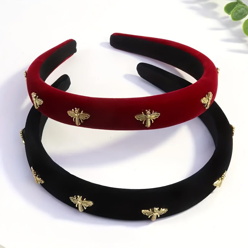 New High-End Velvet Headbands with Bee Design, Retro Fabric Style, Versatile Fashion Accessories; 1-2 pieces.