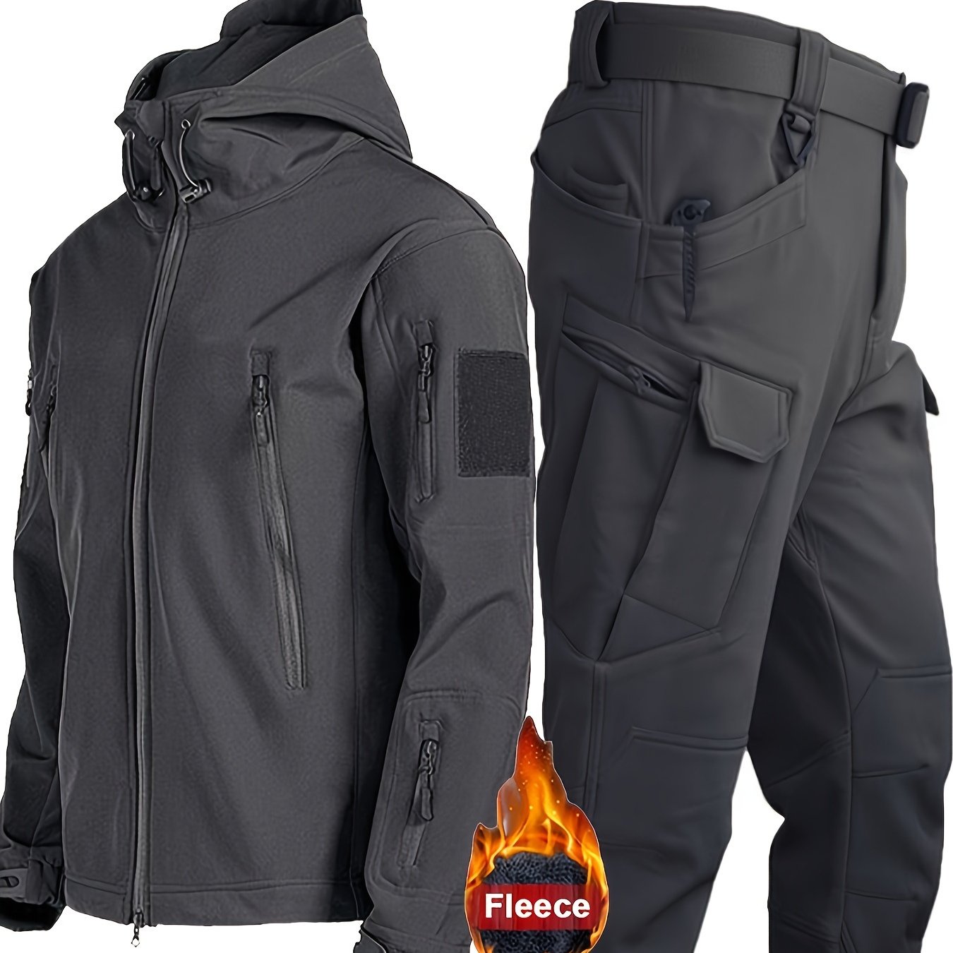 Men's outdoor thermal outfit with softshell jacket and cargo pants, ideal for outdoor activities.