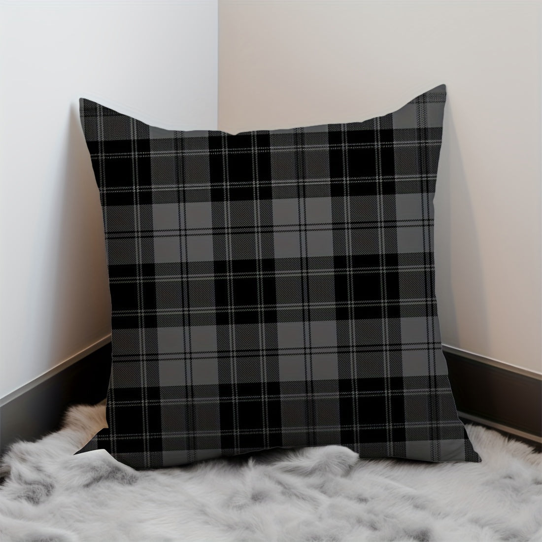 Grey and black plaid throw pillow cover made of peach skin velvet material measuring 45.72x45.72 cm. It features a dual-sided print, zip closure, and is machine washable. Perfect for adding a cute touch to your living room, bedroom, or car decor.