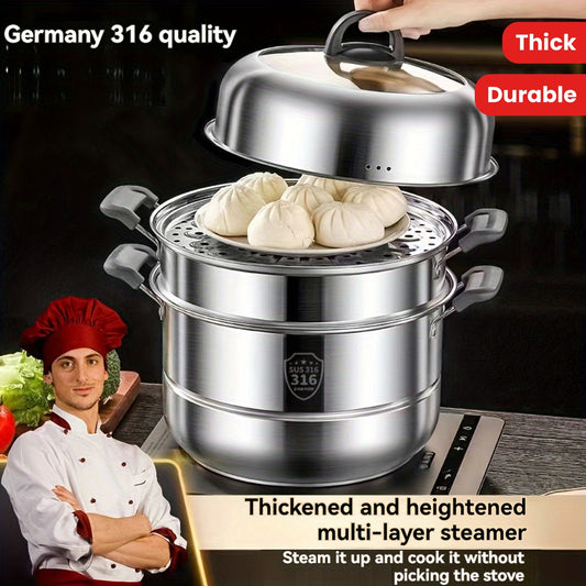 5-Piece Durable Kitchen Utensils Set: Thickened 316 Stainless Steel Multi-Layer Steamer Cookware, Ideal for Soup & Stew, Easy to Clean, Compatible with All Stovetops