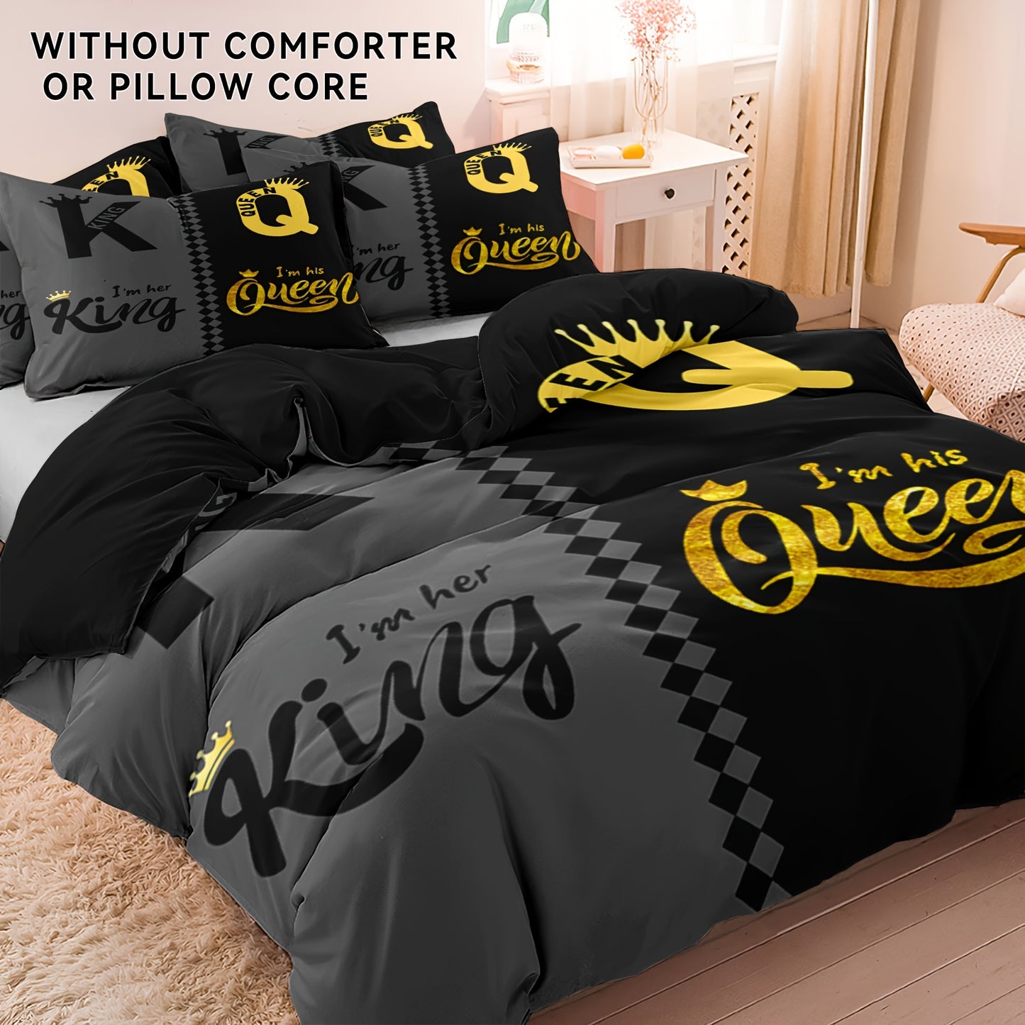 King & Queen Crown 3pcs Duvet Cover Set - Soft Breathable Polyester, Zipper Closure - Includes 1 Duvet Cover & 2 Pillowcases, Machine Washable, Digital Print