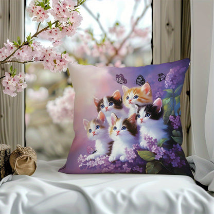 This adorable throw pillow cover features a cute kitten and lavender print on short plush fabric, perfect for adding a touch of charm to your sofa, bed, car, or living room. Made from soft polyester knit fabric with a hidden zipper for easy removal and