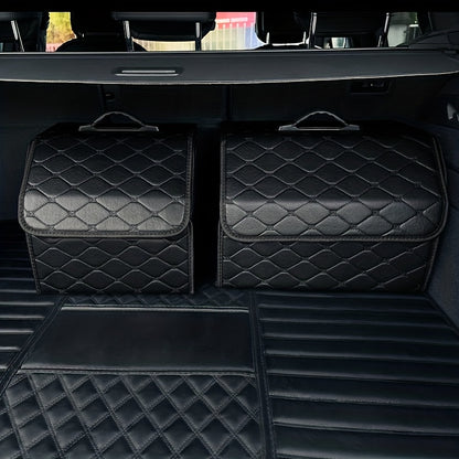 Premium PU leather car trunk organizer with collapsible cargo storage box and tension mount. Multi-functional for toys, food, and more with sleek black design and diamond-stitched pattern.