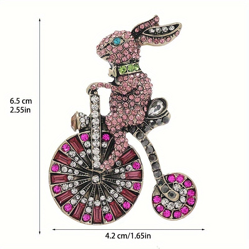 Add a touch of nostalgia with this adorable 1PC Retro Bunny Bicycle Shaped Brooch, embellished with rhinestones. A perfect accessory for women to add to their dress, coat, sweater, or corsage.