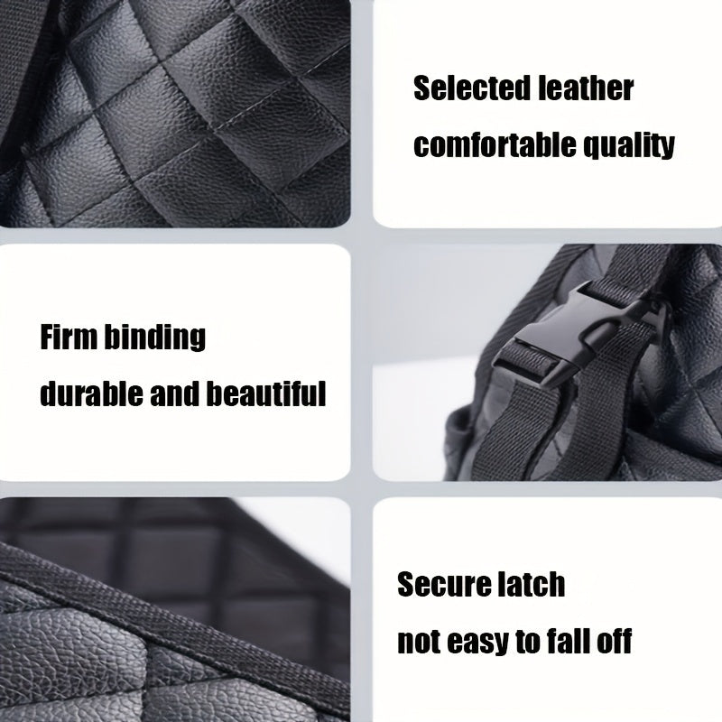 Durable faux leather organizer for car seats with large capacity, storage mesh bag, and hanging mount.