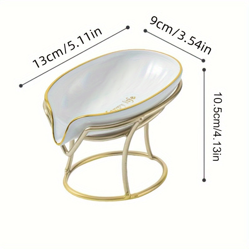 Elegant golden-tone soap dish with drainage, no-drill plastic holder in stylish green and clear design for bathroom and kitchen.