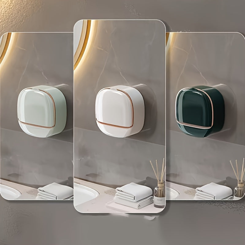 Single wall-mounted soap dispenser with drainage, no-drill installation, plastic rectangle design in green/white or white/rose gold, ideal for bathroom, kitchen, and sink storage.