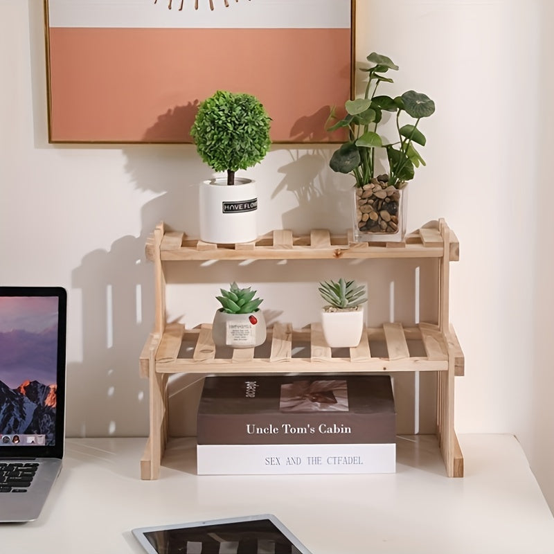 Modern Foldable Wooden Double-Layer Desktop Ladder Shelf, Ideal for Dorm Rooms - No Electricity or Battery Required