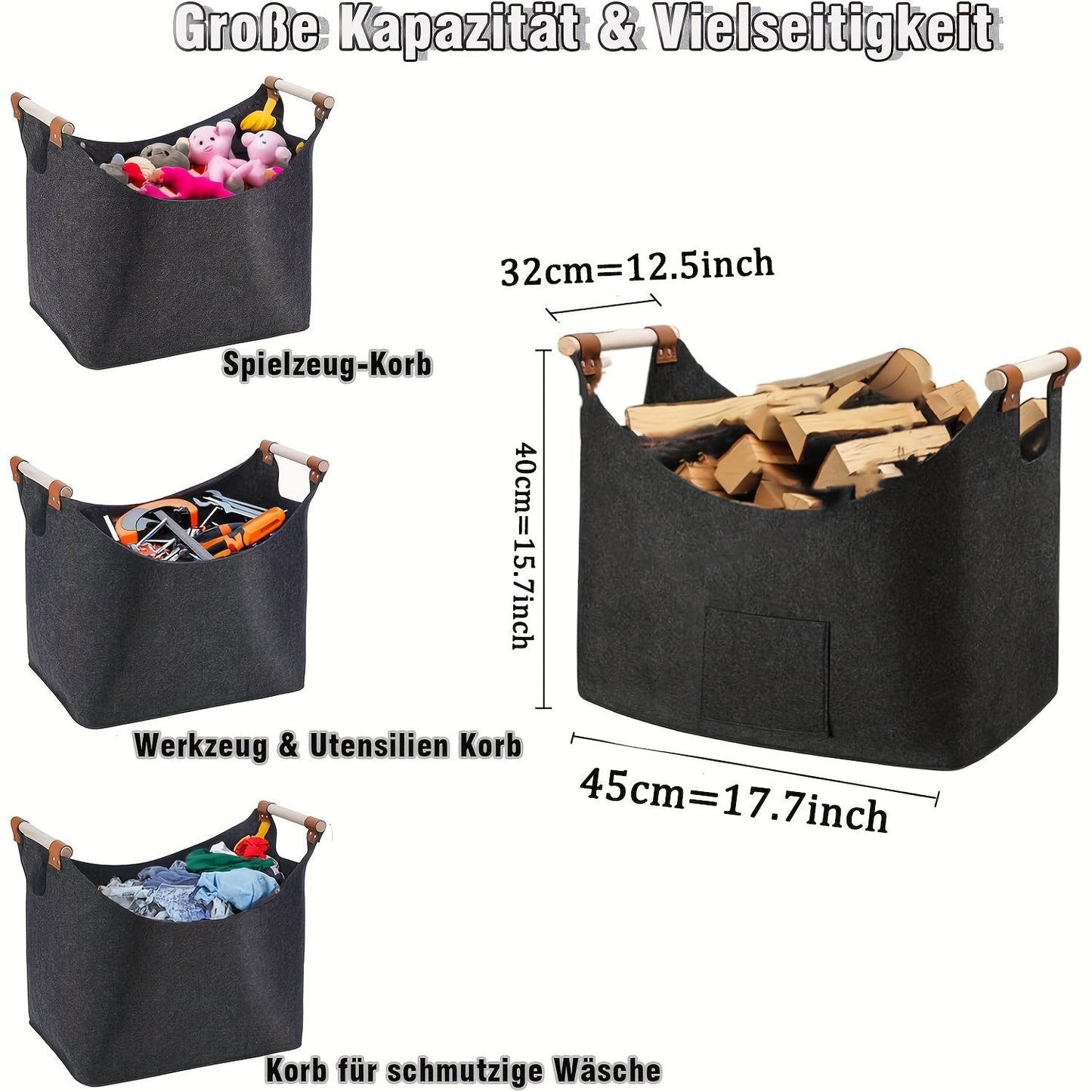 These durable felt firewood baskets come in a two pack and feature extra thickness and reinforced handles. They conveniently fold into a pouch for easy storage and can be used for storing wood, newspapers, shopping items, and firewood. Available in two