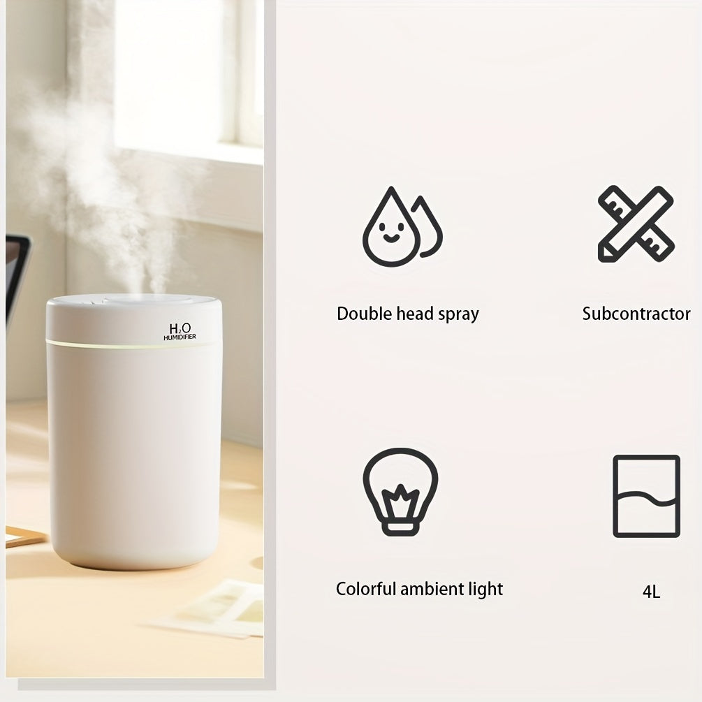 Dual USB Nozzle Humidifier with Aromatherapy: Quiet, High Mist Output, Sleek White Cylindrical Design for Home & Bedroom.