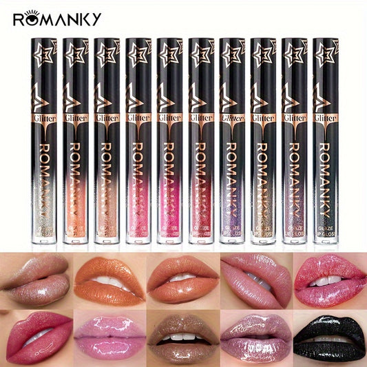 ROMANKY Glitter Lip Gloss - Long-lasting shimmer for all skin types, adult age range. Colors include black, brown, coral, pink, and golden tones.