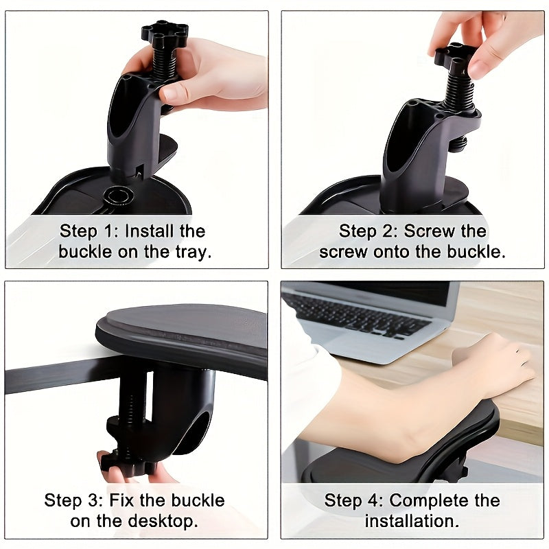 Ergonomic armrest wrist rest for computer desk, providing elbow support to reduce stress and pain during keyboard and mouse use in home office.