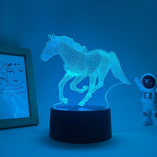 Illuminate your space with the LED Horse Illusion Night Light. This RGB Seven-Color Smart Touch Control Table Lamp is made of durable plastic and features dual power mode: USB or battery. (Battery not included). Perfect for home decor or as a festive