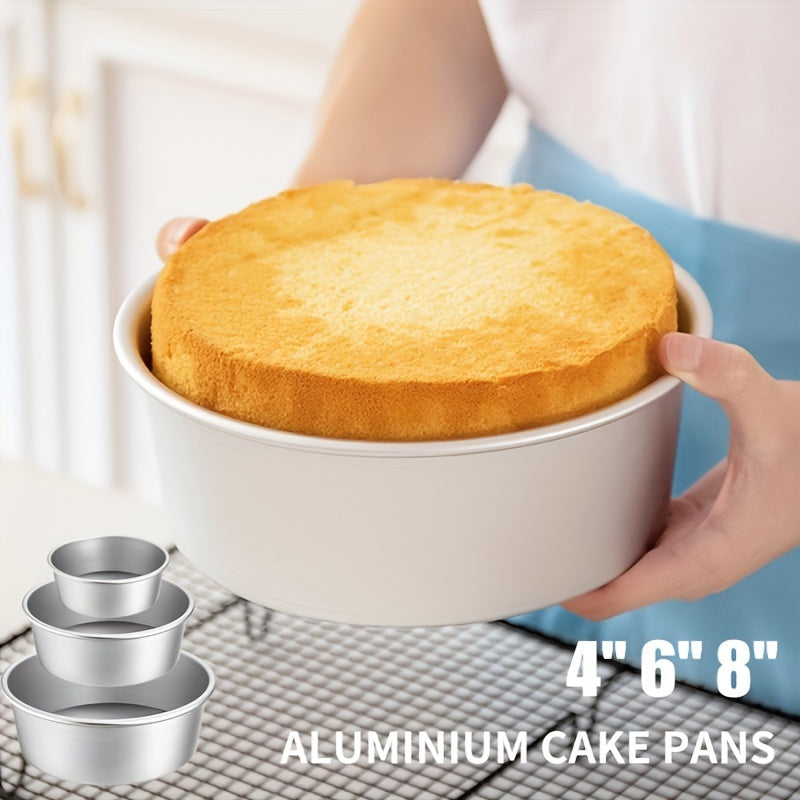 Cake Pan Set includes three pieces in sizes of 10.16cm, 15.24cm, and 20.32cm. These round aluminium cake molds have removable bottoms, making them convenient for baking cakes. Perfect addition to your kitchen tools collection.