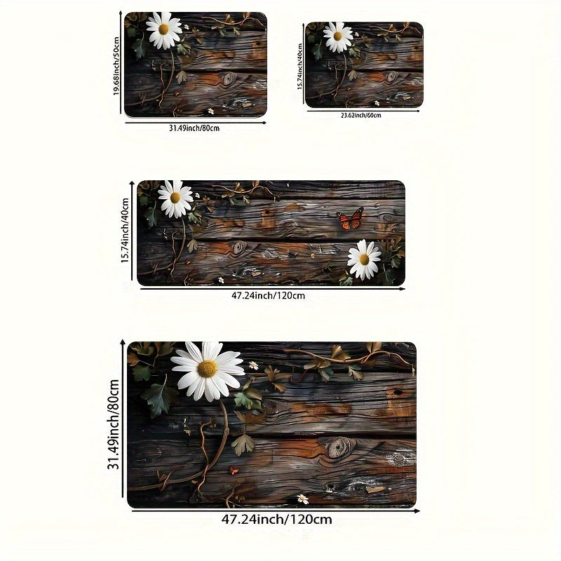 1 piece of Sponge Floor Mat with a weight of 122-483g, featuring a 8mm thickness and a retro Daisy Wood Grain Pattern design. This versatile floor mat can be used in the living room, bedroom, kitchen, bathroom, or even outdoors. It is a decorative bath