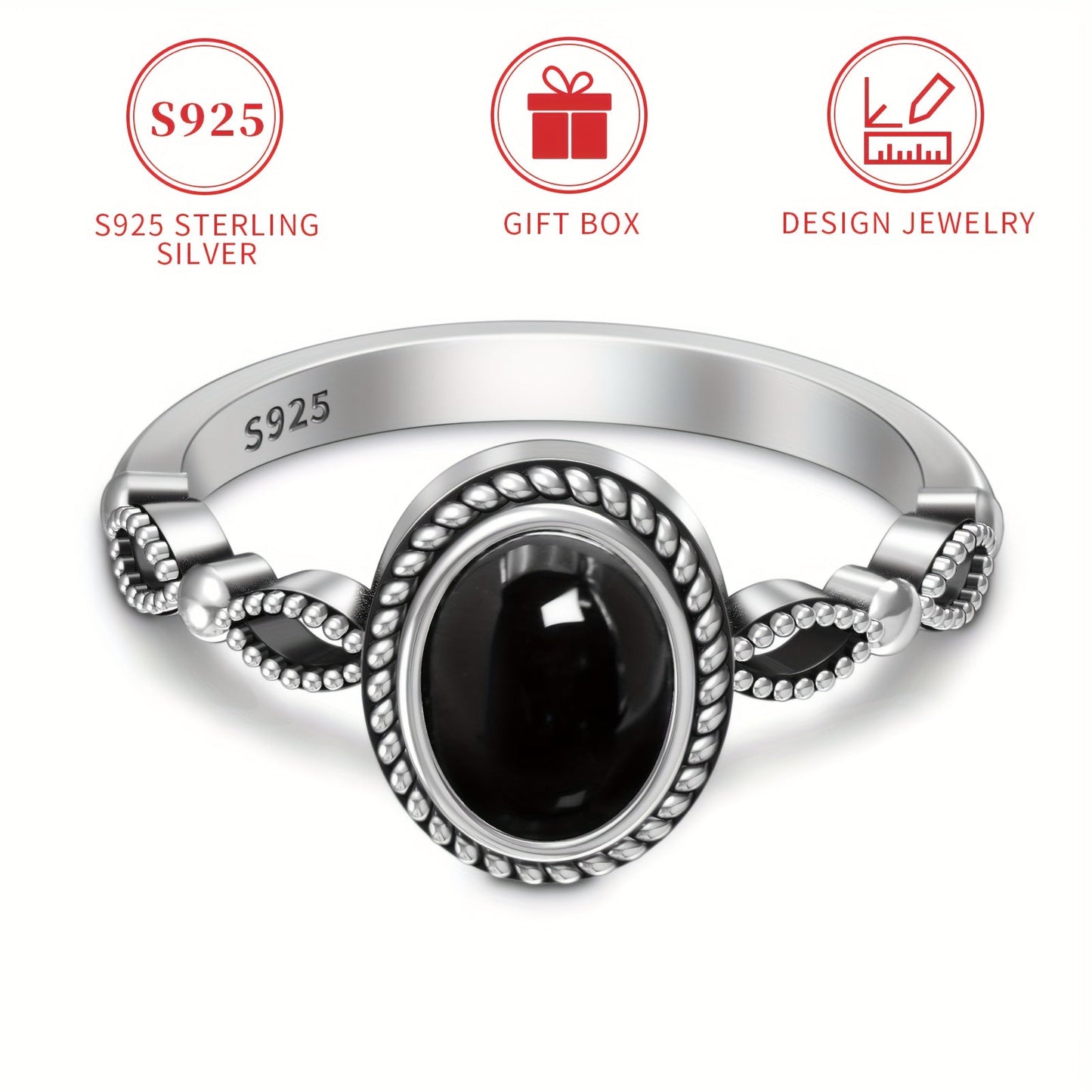 This stunning vintage oval design ring is crafted from high-quality S925 sterling silver with a black agate stone and 18K gold plated accents. Perfect for daily wear or gifting, this elegant piece comes in a gift box and weighs only 2g. Ideal for parties