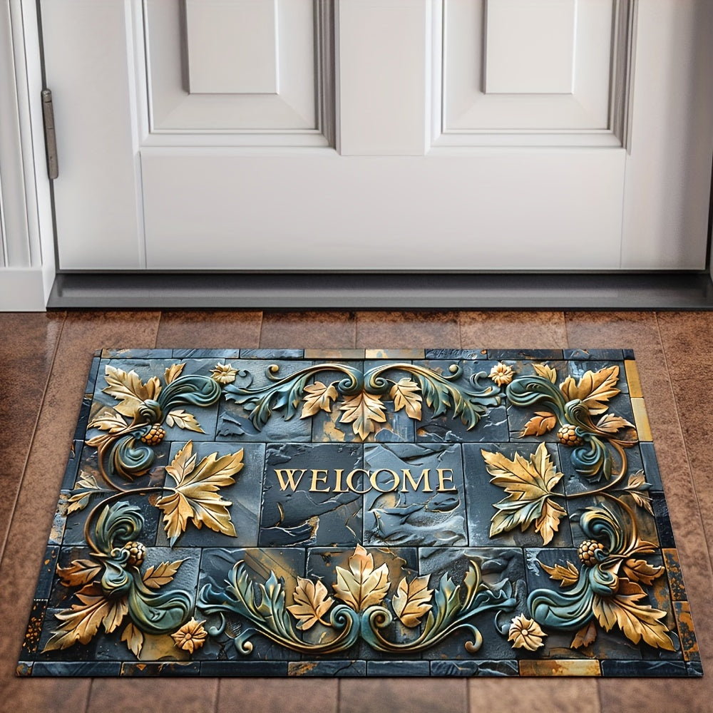 Introducing the 3D Realistic Stone Pattern Mat with Plant Relief, crafted with a 6mm thick layer of 100% polyester material. This luxurious mat boasts a plastic dot bottom and finely locked edges, weighing 800 grams per square meter. Its slip-resistant