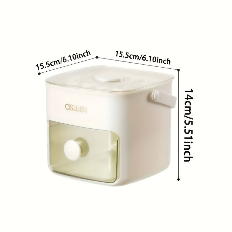 Portable 48-cube ice maker with easy-press lid, double layer design for freezing and storage. Includes silicone tray and PET material, no electricity needed. Ideal kitchen accessory with